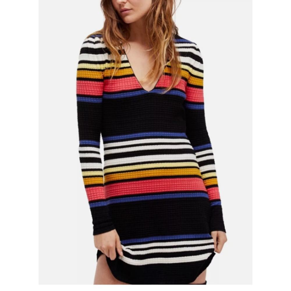 Free People Gidget Quilted Knit Sweater Dress Colorful Stripe Mini Size XS